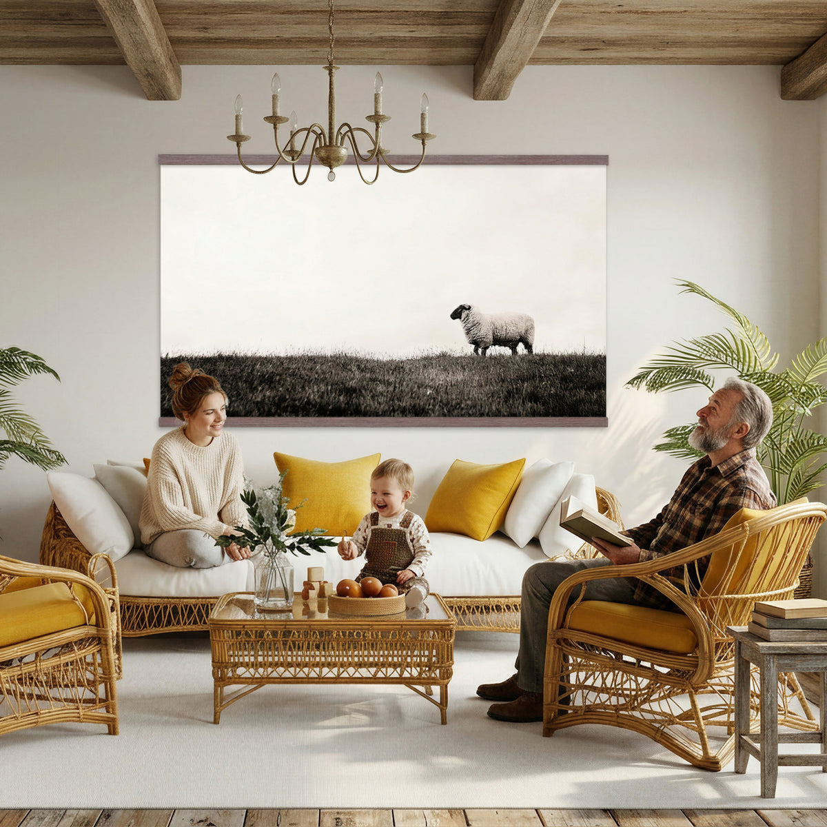 72749448-MGV-TP-30X20 - Minimalist Sepia Sheep Canvas Wall Art - Rustic Farmhouse Country Landscape Print