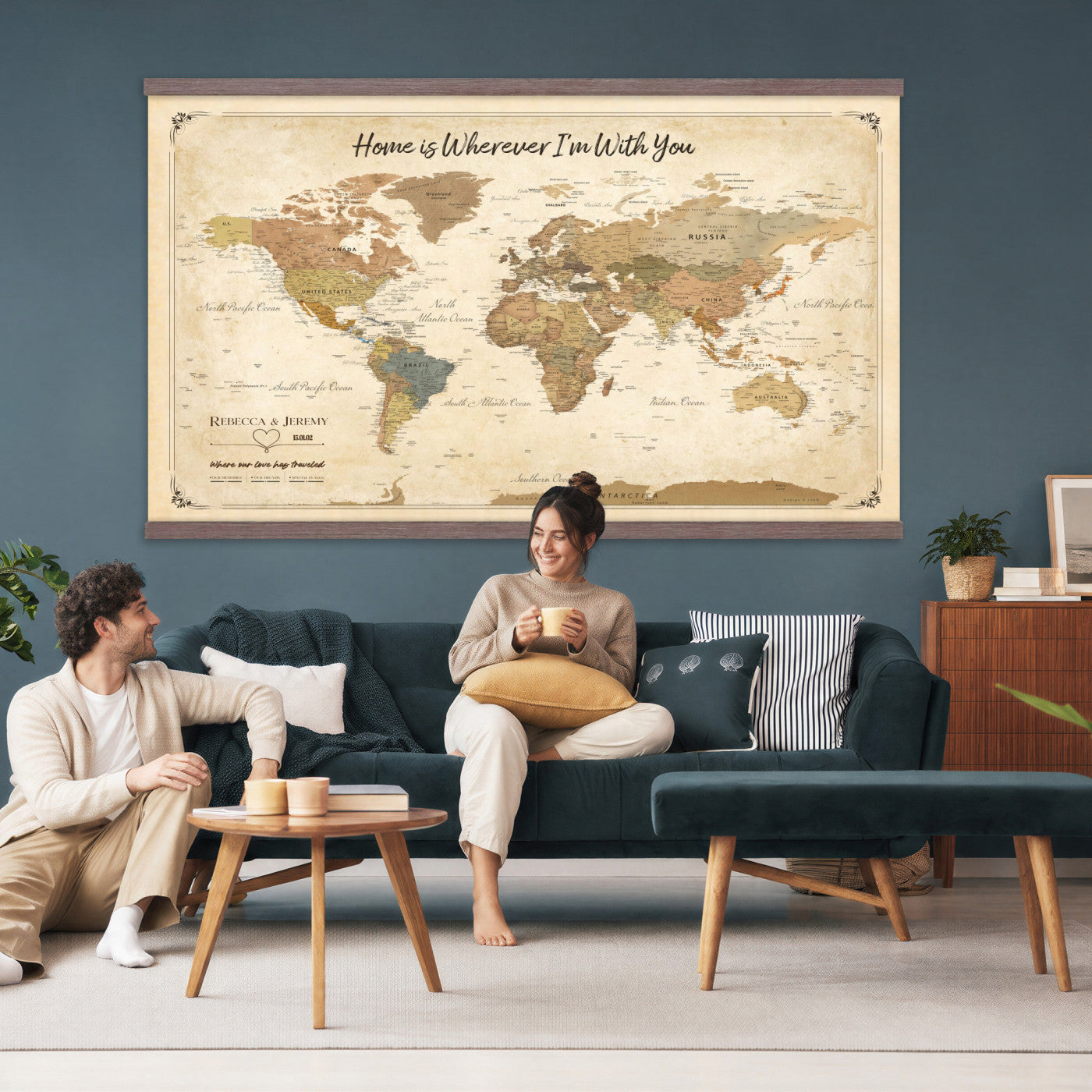 40086165-MGV-TP-30X20 - Framed Vintage Custom Push Pin World Map Canvas Print – Personalized Travel Map Wall Art