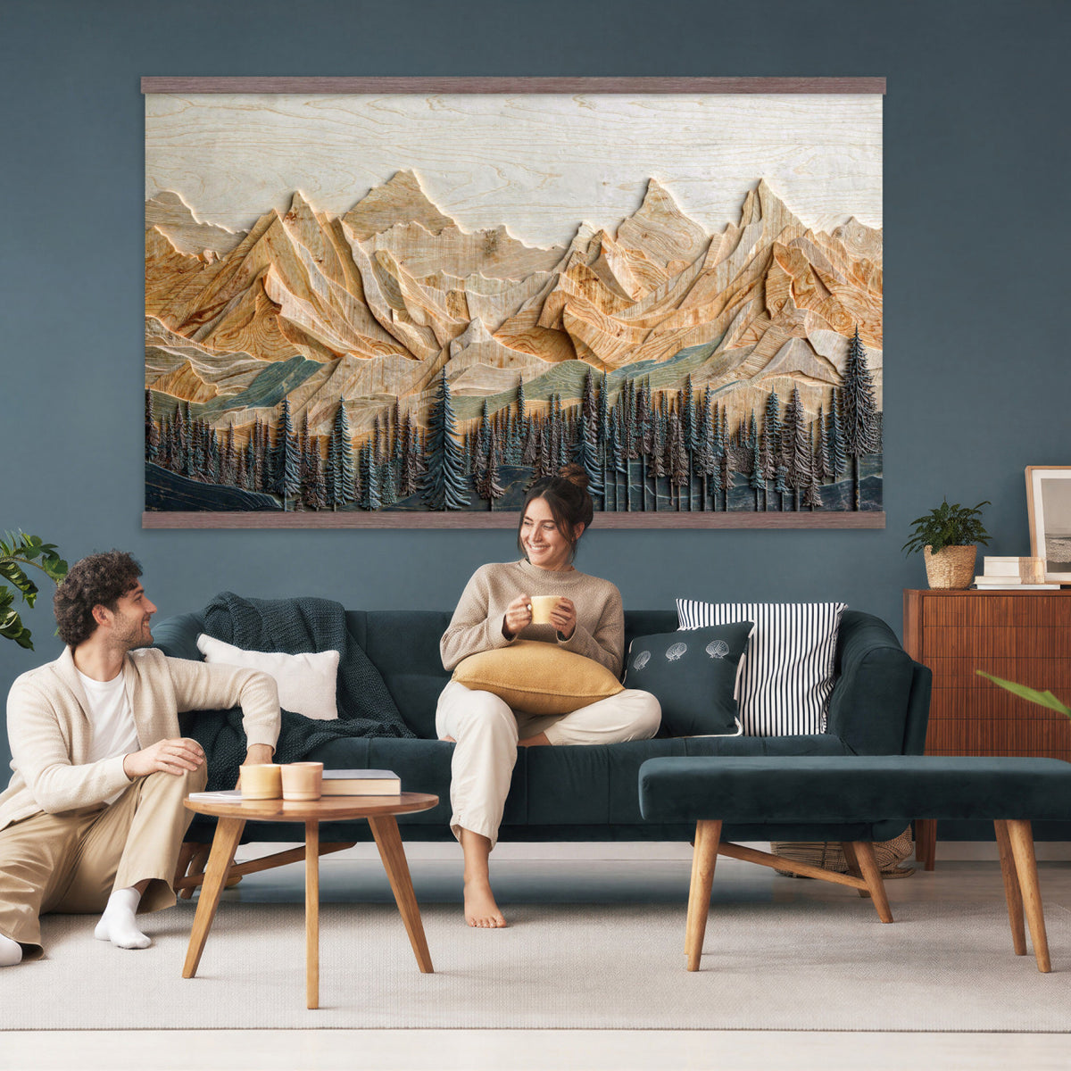 66676213-MGV-TP-30X20 - Geometric Wood Mountain Wall Art Canvas Print, 3D Look Rustic Mosaic Landscape Print