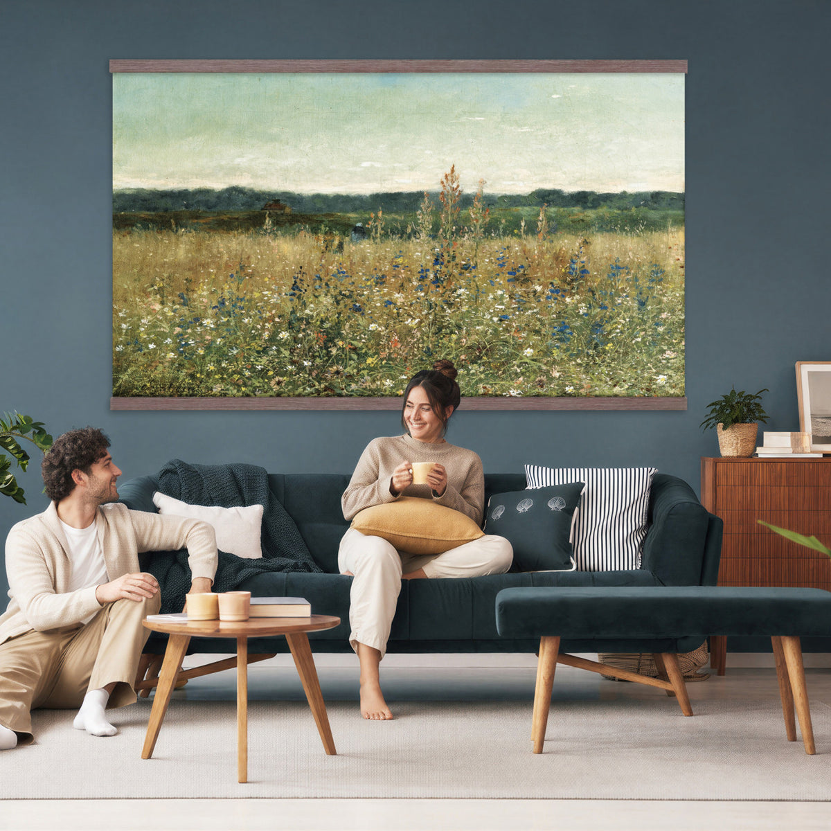 78325586-MGV-TP-30X20 - Realism oil painting tapestry wall hanging of "Champ fleuri" by Antoine Chintreuil, showing a wide flowering field running toward a low horizon, with soft scattered blooms and a pale open sky in soft white and green field tones under a pale luminous sky. Extra large wall art, made in the USA.