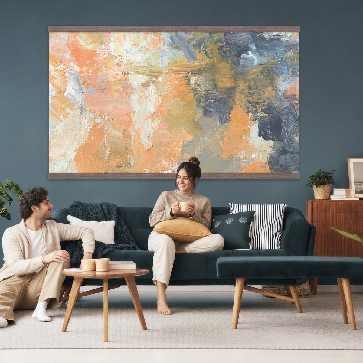 92754702-MGV-TP-30X20 - Cubism abstract oil painting tapestry wall hanging of "Abstract Landscape" by Nicolas de Stael, showing thick blocks of peach, grey, and cream laid side by side into a landscape that reads as pure shape and color in soft peach, warm grey, and cream color blocks. Extra large wall art, made in the USA.