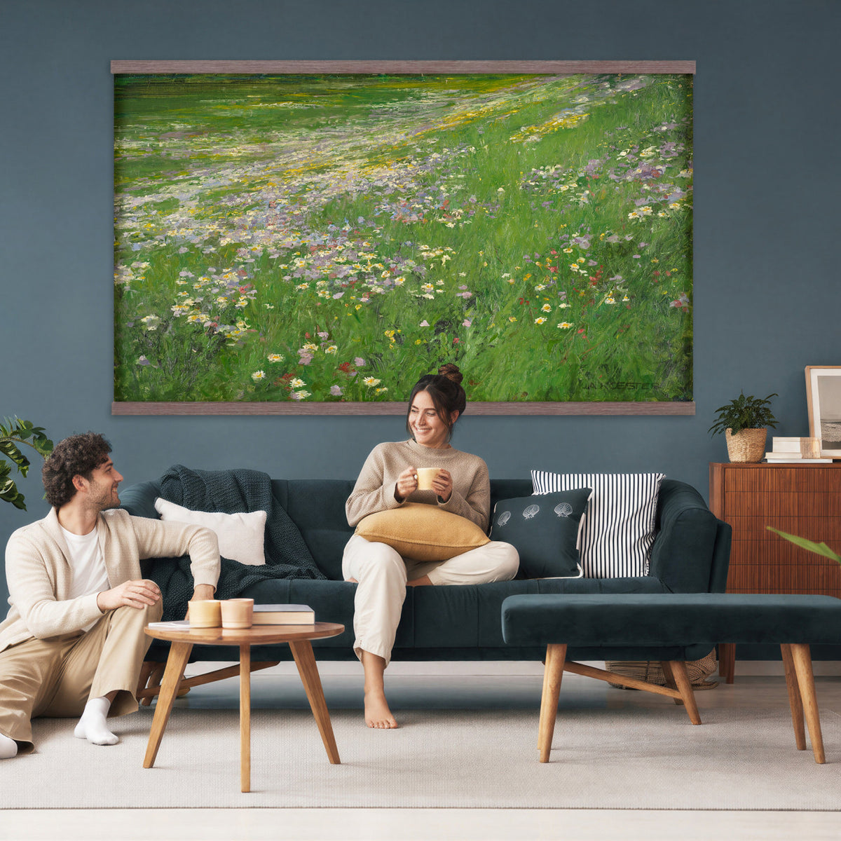 63535040-MGV-TP-30X20 - Impressionism oil painting tapestry wall hanging of "Wildflower Meadow", showing a wide meadow of daisies and summer wildflowers, painted in quick color strokes under warm open light in white daisies and yellow blooms across fresh green grass. Extra large wall art, made in the USA.
