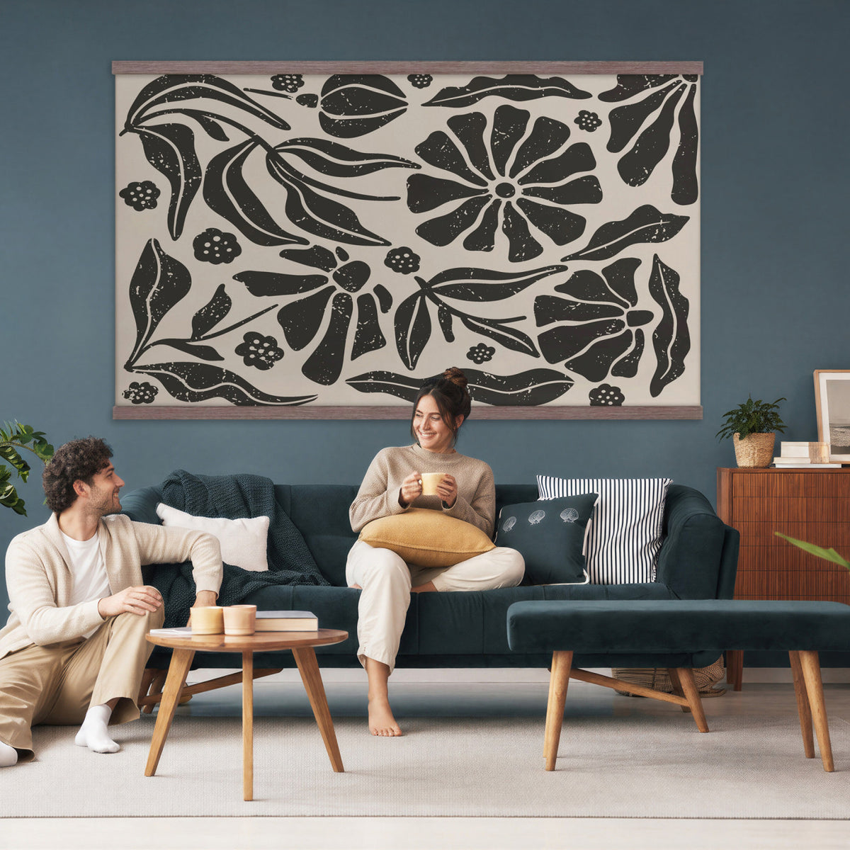 21342917-MGV-TP-30X20 - Mid Century Modern linocut print tapestry wall hanging of "Abstract Floral Linocut", showing simplified flower heads and stems cut into bold black shapes against clean white space in bold black shapes on a bright white ground. Extra large wall art, made in the USA.