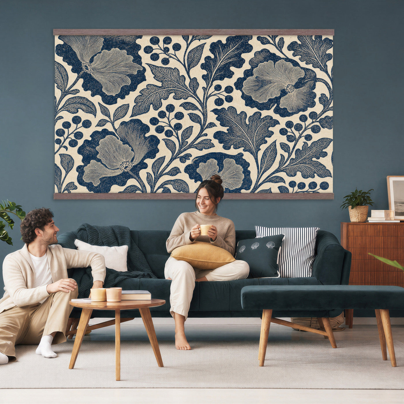 97130377-MGV-TP-30X20 - Art Nouveau pattern design tapestry wall hanging of "Indigo Botanical Pattern" by William Morris, showing trailing indigo stems, open blossoms and curling leaves repeating across the full width in deep indigo and cobalt blue with soft cream linework. Extra large wall art, made in the USA.