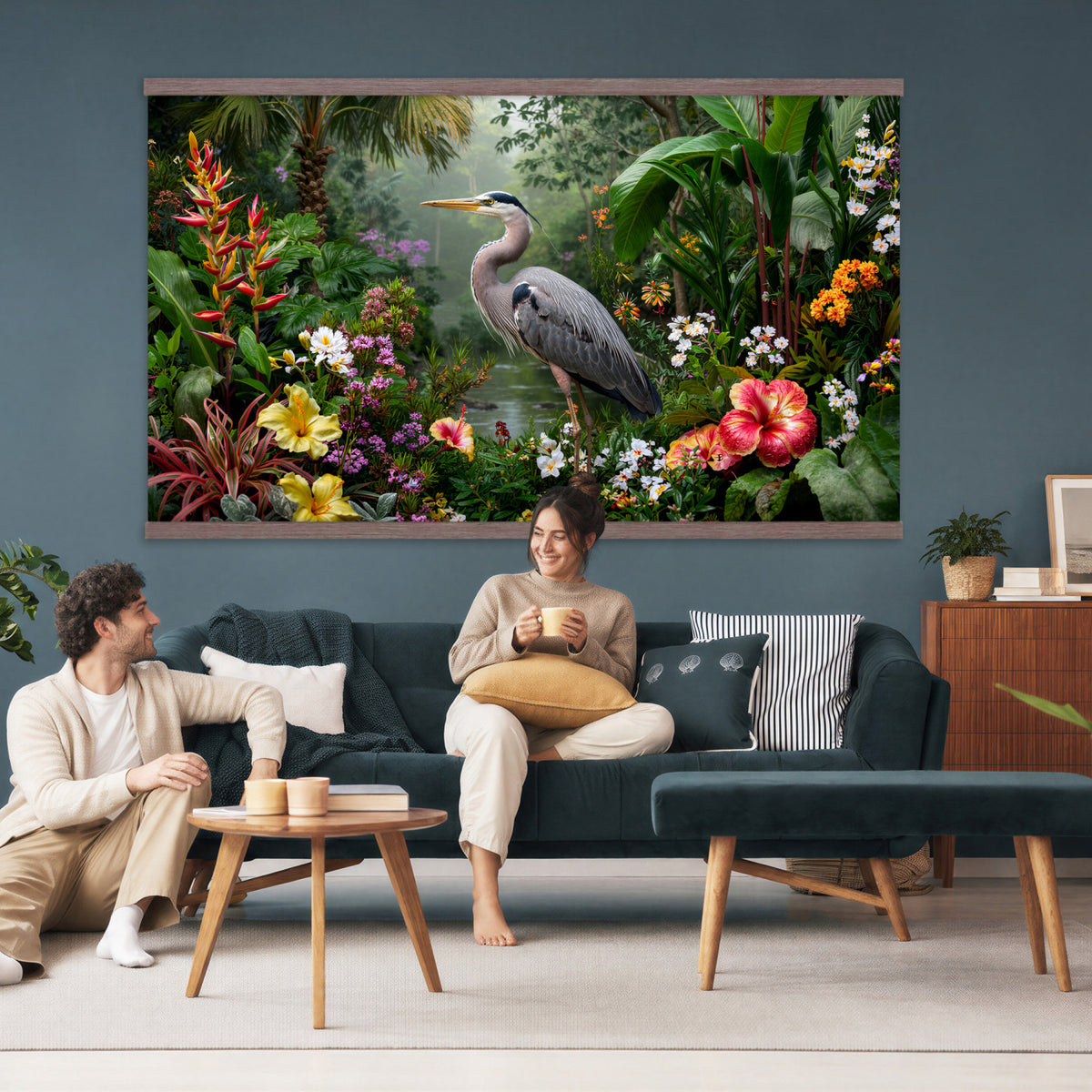 82504330-MGV-TP-30X20 - Botanical botanical illustration tapestry wall hanging of "Great Blue Heron in the Jungle", showing a great blue heron standing among hibiscus blooms, palm fronds and dense tropical foliage in deep jungle greens with red hibiscus and soft blue heron plumage. Extra large wall art, made in the USA.