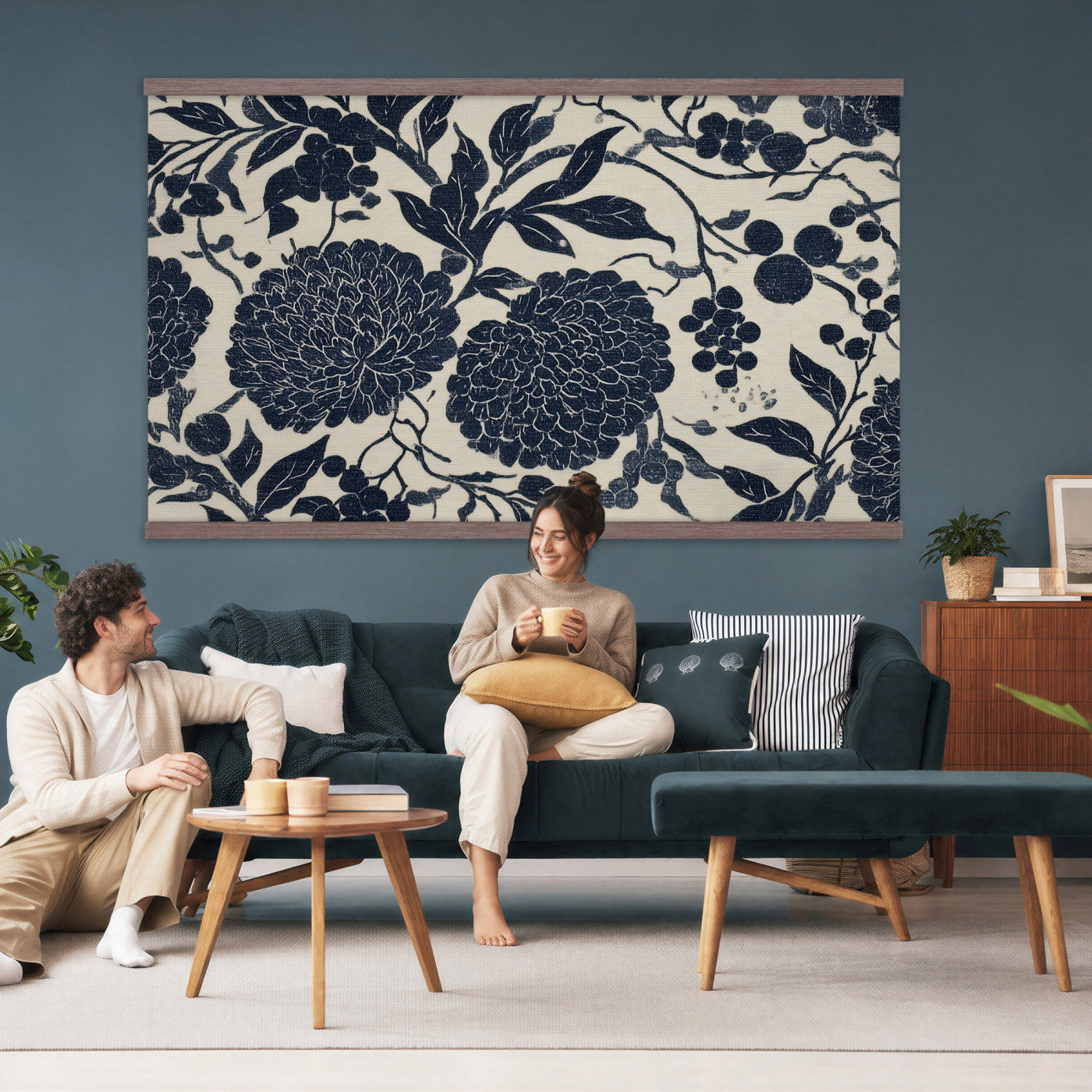 42507419-MGV-TP-30X20 - Chinoiserie ink block print tapestry wall hanging of "Chinoiserie Peony and Chrysanthemum Panel", showing peonies and chrysanthemums layered across a soft grey field, drawn in muted black line in black and soft grey linework on a warm neutral ground. Extra large wall art, made in the USA.