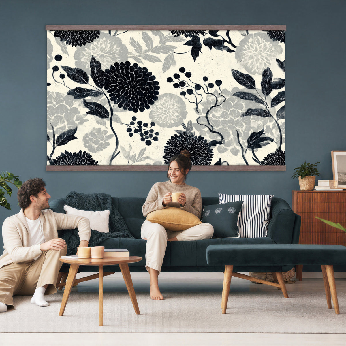 27269625-MGV-TP-30X20 - Chinoiserie ink block print tapestry wall hanging of "Chinoiserie Peony and Chrysanthemum Panel", showing peonies and chrysanthemums layered across a soft grey field, drawn in muted black line in black and soft grey linework on a warm neutral ground. Extra large wall art, made in the USA.