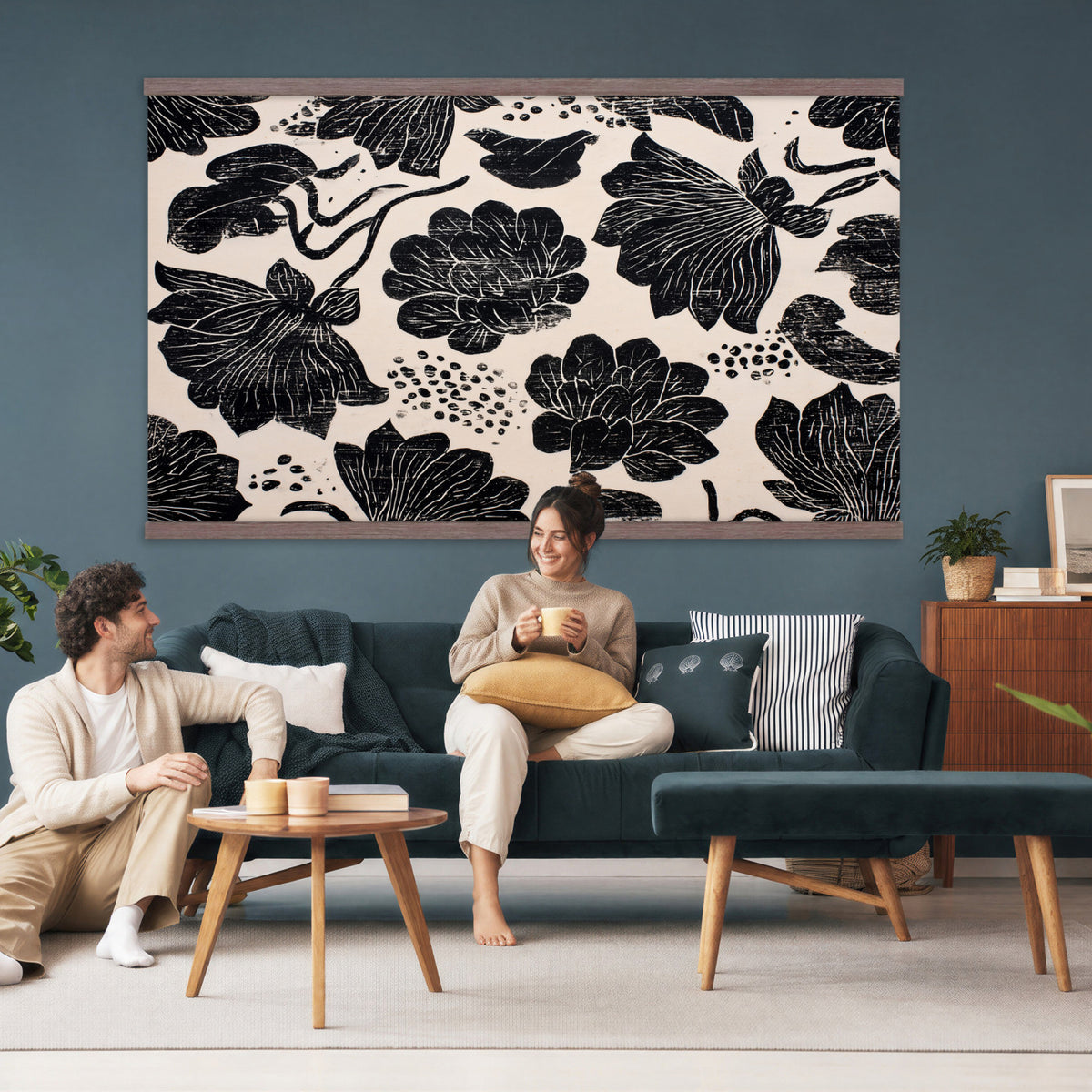 91793867-MGV-TP-30X20 - Chinoiserie ink block print tapestry wall hanging of "Chinoiserie Lotus Panel", showing open lotus flowers and broad water lily pads rising on tall stems, cut in bold black and white in deep black lotus linework on a soft white ground. Extra large wall art, made in the USA.