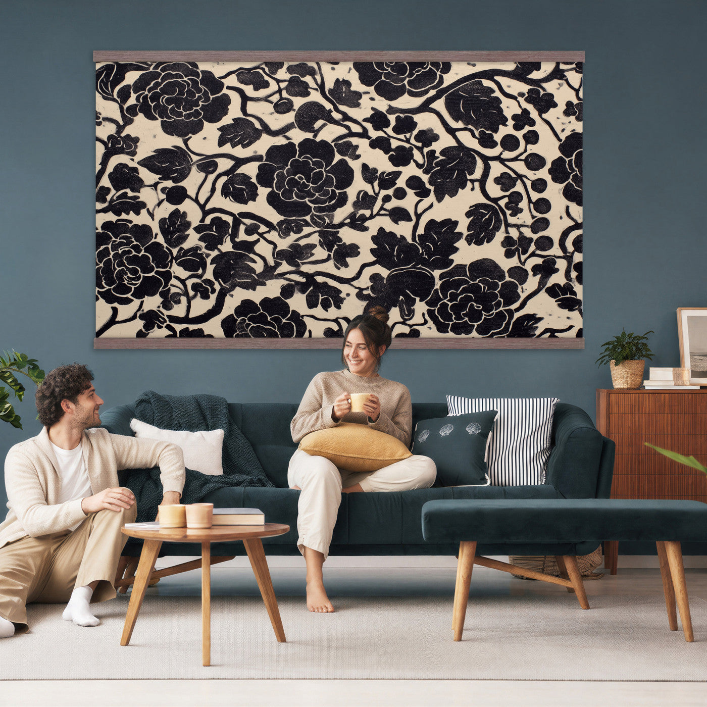 18660803-MGV-TP-30X20 - Chinoiserie ink block print tapestry wall hanging of "Chinoiserie Peony Panel", showing full peony blooms, curling stems and layered leaf work drawn in fine black line on a pale ground in deep black linework on a soft white ground. Extra large wall art, made in the USA.