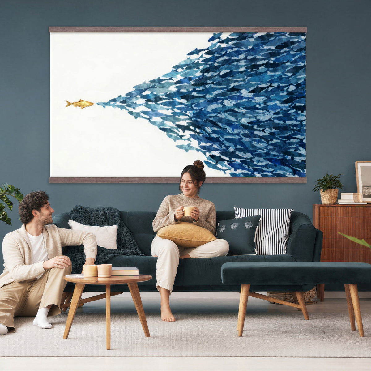 79089639TT-MGV-TP-30X20 - Abstract Blue Fish School Canvas Wall Art, Gold Foil Accent Marine Print