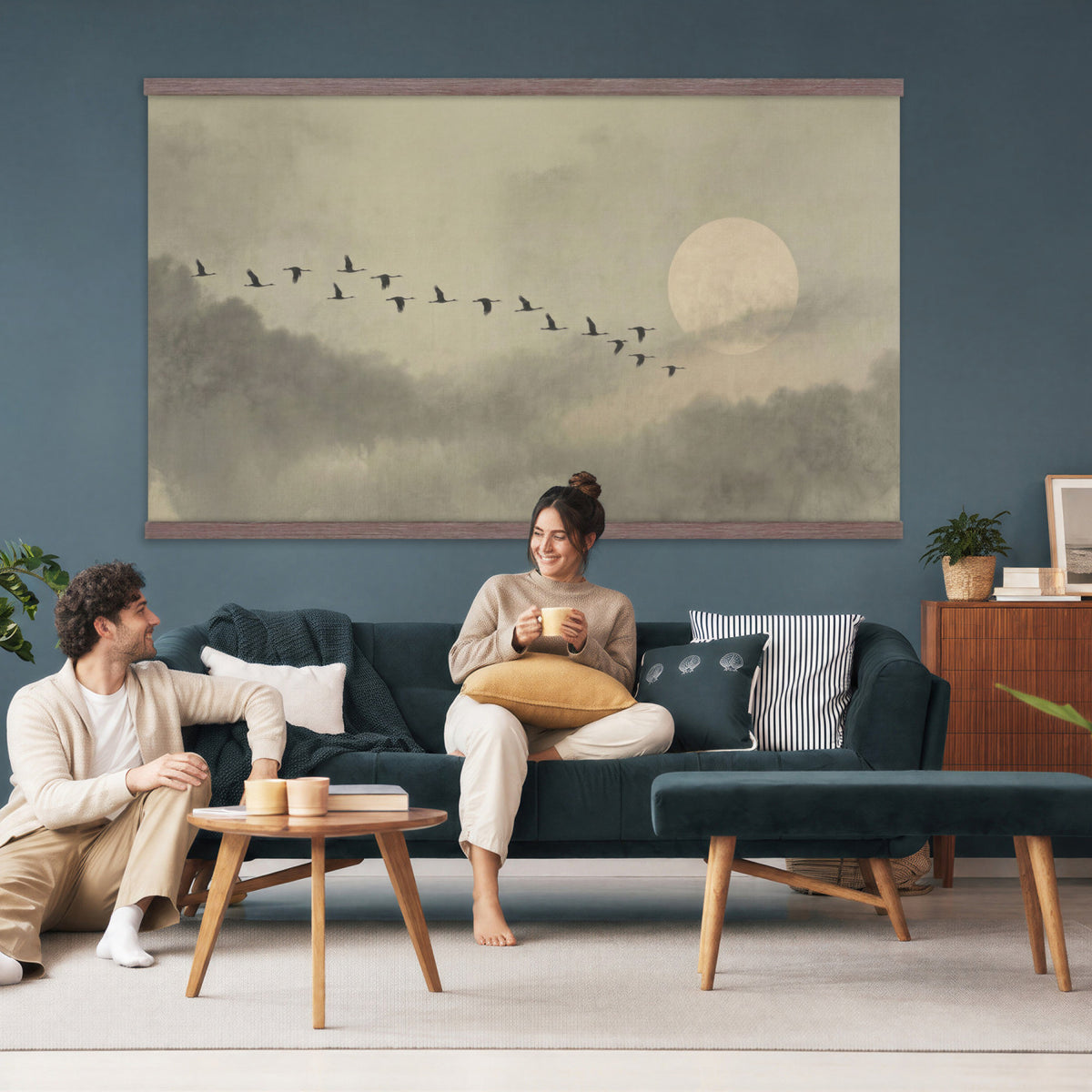 1209814BT-MGV-TP-30X20 - Flying Cranes Tapestry Wall Art, Misty Landscape with Moon, Sage Green Japandi Decor, Framed Print