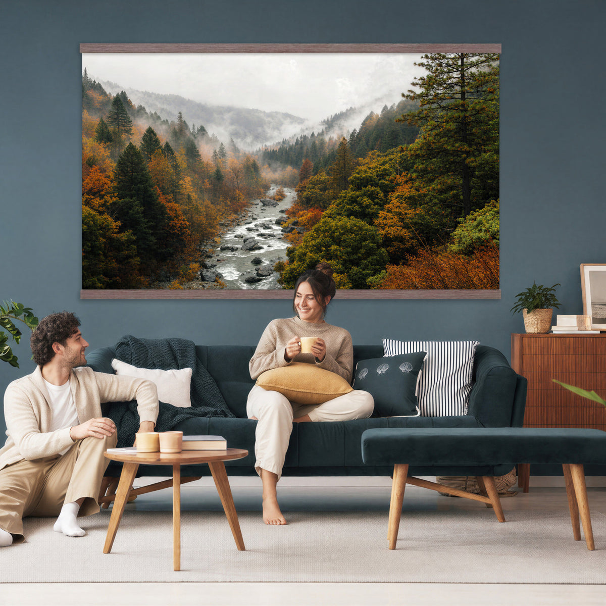 95540697-MGV-TP-30X20 - Misty River Mountain Valley Canvas Wall Art - Autumn Forest Landscape Nature Print