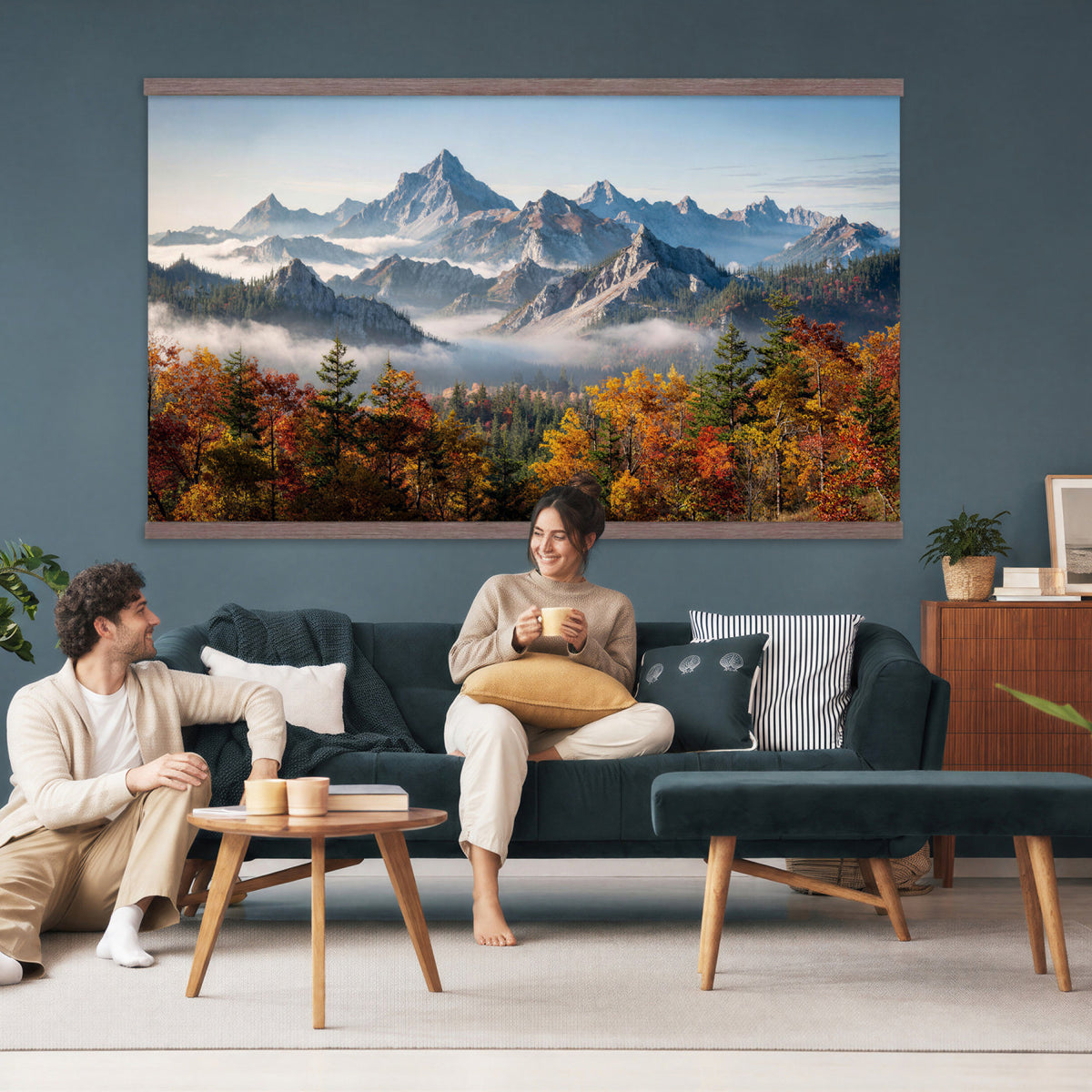 38847944-MGV-TP-30X20 - Majestic Mountain Peak Canvas Wall Art - Panoramic Autumn Forest Fog Landscape Print