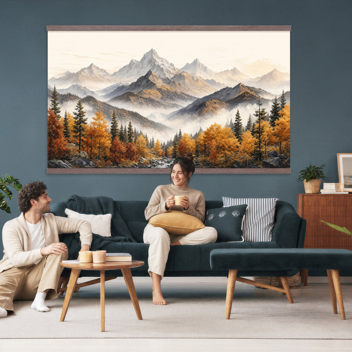 21309099-MGV-TP-30X20 - Extra Large Misty Mountain Autumn Forest Canvas Wall Art - Watercolor Fall Nature Landscape Print
