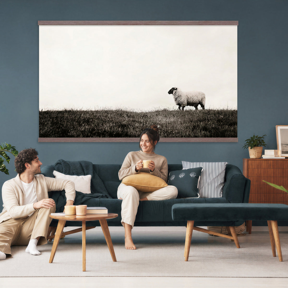 72749448-MGV-TP-30X20 - Minimalist Sepia Sheep Canvas Wall Art - Rustic Farmhouse Country Landscape Print