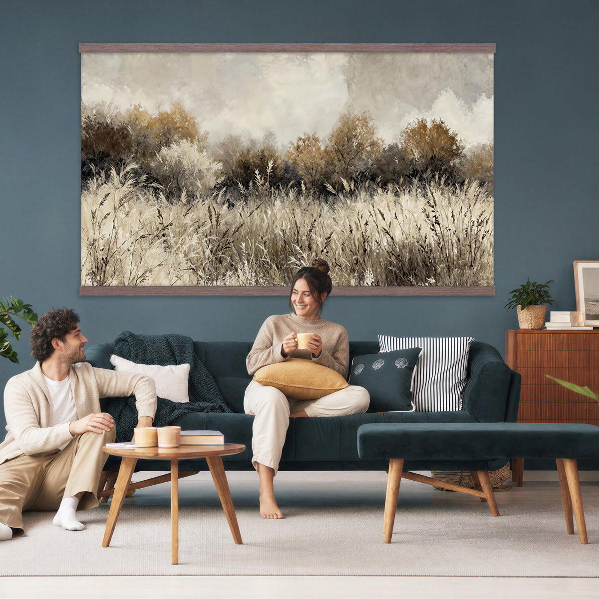 53959945-MGV-TP-30X20 - Muted Neutral Forest Landscape Canvas Wall Art - Vintage Rustic Wildflower Meadow Print