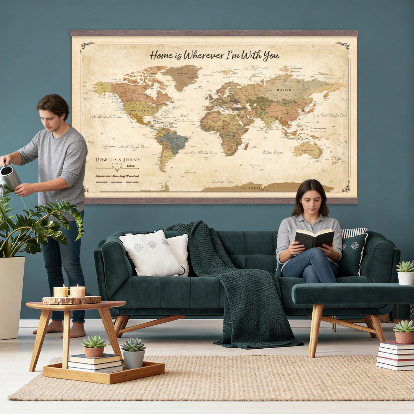 40086165-MGV-TP-30X20 - Framed Vintage Custom Push Pin World Map Canvas Print – Personalized Travel Map Wall Art