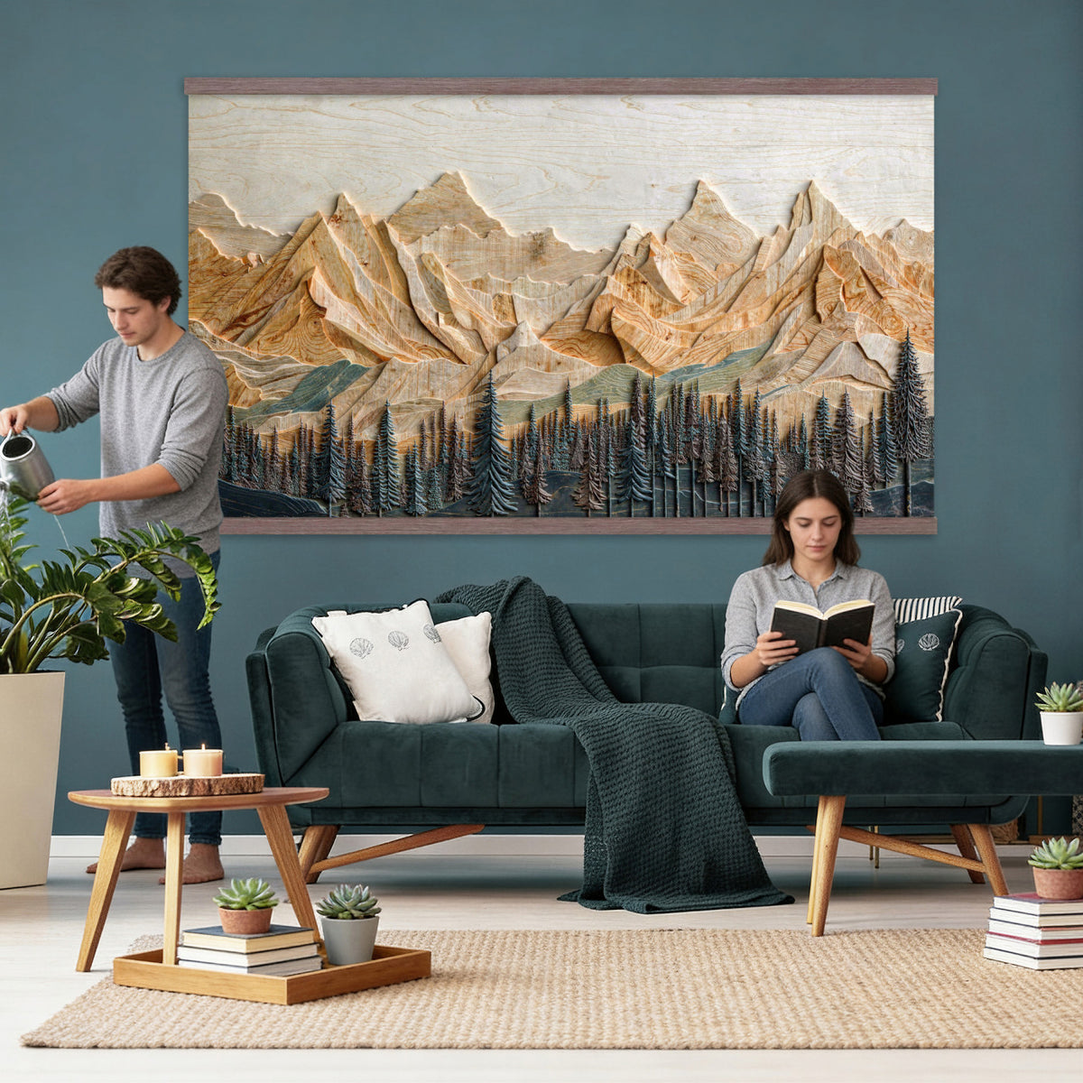 66676213-MGV-TP-30X20 - Geometric Wood Mountain Wall Art Canvas Print, 3D Look Rustic Mosaic Landscape Print