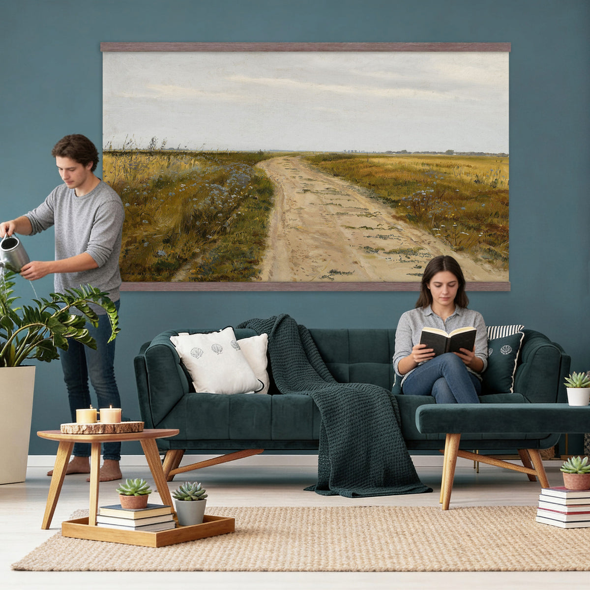93198256-MGV-TP-30X20 - Realism oil painting tapestry wall hanging of "Field Track" by Jozef Chelmonski, showing a rutted dirt track cutting through open meadow grass toward a low horizon and a wide country sky in warm earth track tones with green meadow grass under a broad sky. Extra large wall art, made in the USA.