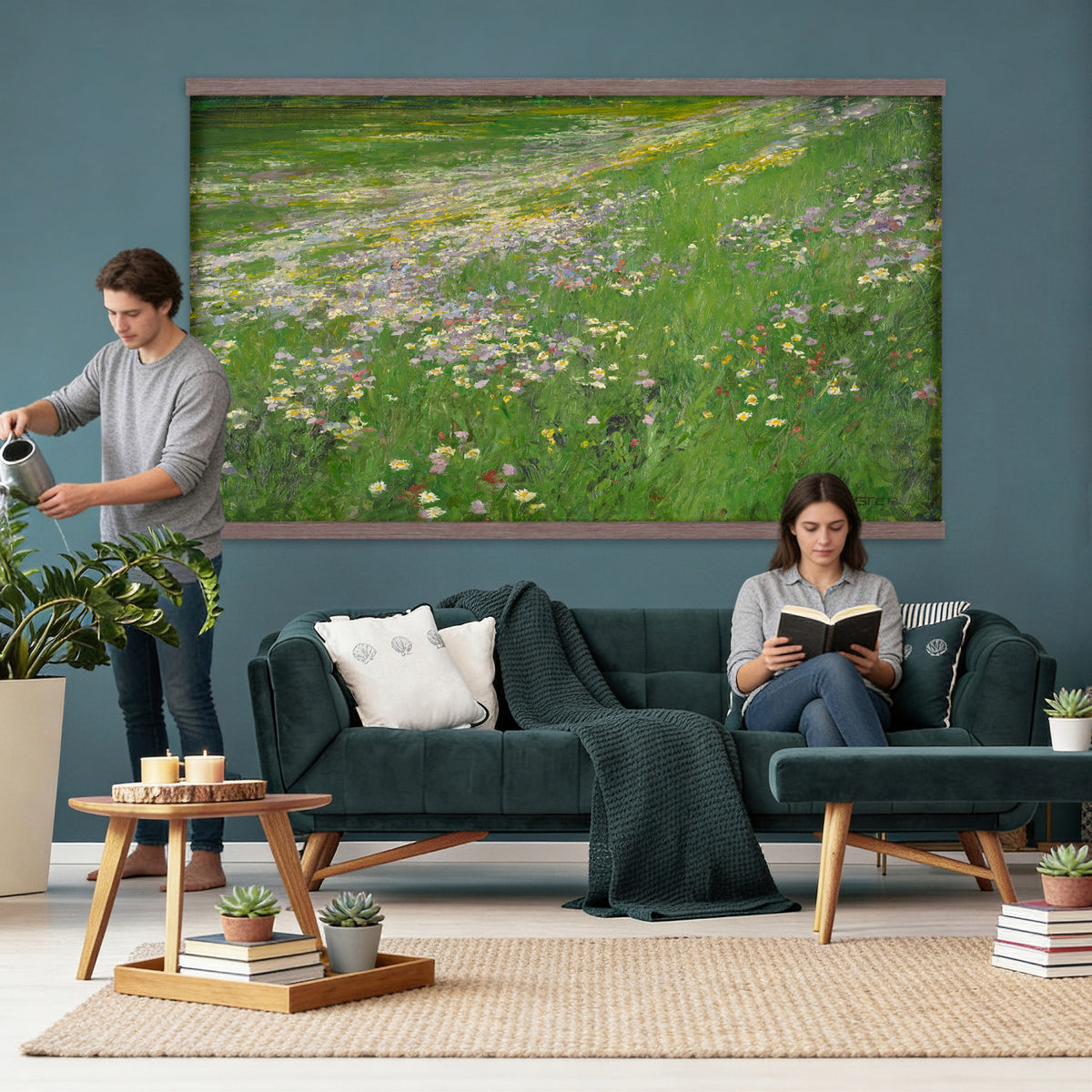 63535040-MGV-TP-30X20 - Impressionism oil painting tapestry wall hanging of "Wildflower Meadow", showing a wide meadow of daisies and summer wildflowers, painted in quick color strokes under warm open light in white daisies and yellow blooms across fresh green grass. Extra large wall art, made in the USA.