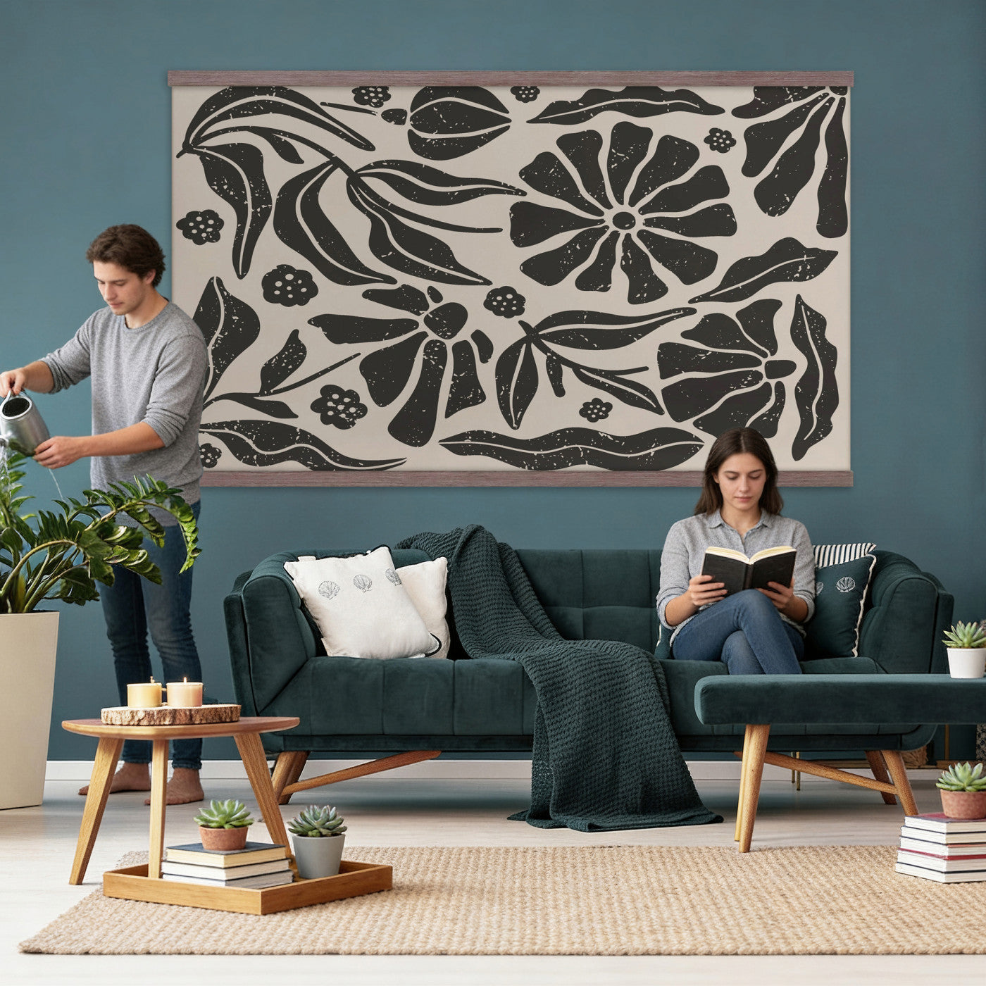 21342917-MGV-TP-30X20 - Mid Century Modern linocut print tapestry wall hanging of "Abstract Floral Linocut", showing simplified flower heads and stems cut into bold black shapes against clean white space in bold black shapes on a bright white ground. Extra large wall art, made in the USA.