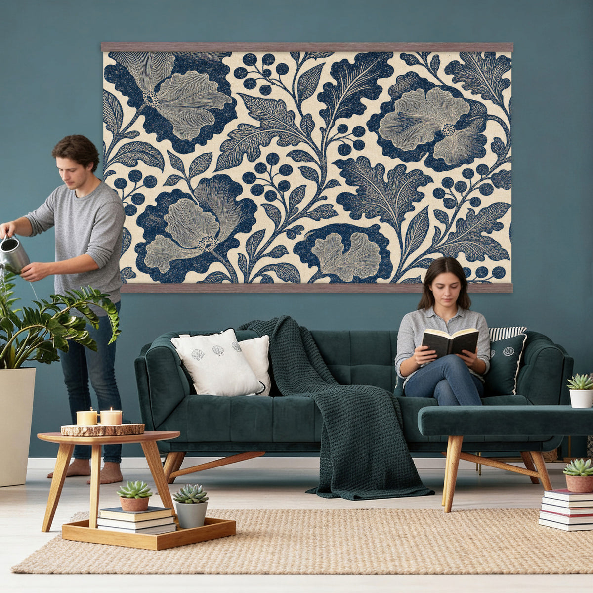 97130377-MGV-TP-30X20 - Art Nouveau pattern design tapestry wall hanging of "Indigo Botanical Pattern" by William Morris, showing trailing indigo stems, open blossoms and curling leaves repeating across the full width in deep indigo and cobalt blue with soft cream linework. Extra large wall art, made in the USA.