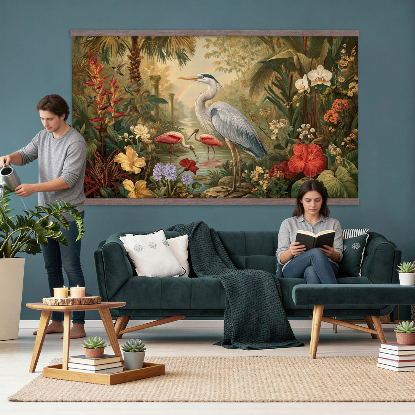 20081183-MGV-TP-30X20 - Botanical botanical illustration tapestry wall hanging of "Great Blue Heron in the Jungle", showing a great blue heron standing among hibiscus blooms, palm fronds and dense tropical foliage in deep jungle greens with red hibiscus and soft blue heron plumage. Extra large wall art, made in the USA.