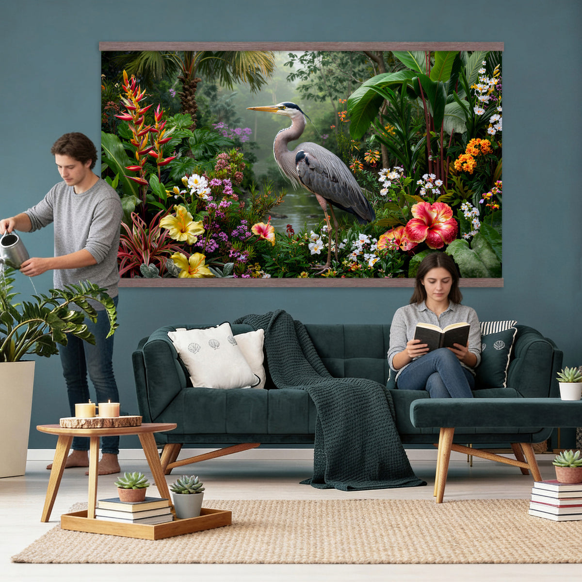 82504330-MGV-TP-30X20 - Botanical botanical illustration tapestry wall hanging of "Great Blue Heron in the Jungle", showing a great blue heron standing among hibiscus blooms, palm fronds and dense tropical foliage in deep jungle greens with red hibiscus and soft blue heron plumage. Extra large wall art, made in the USA.