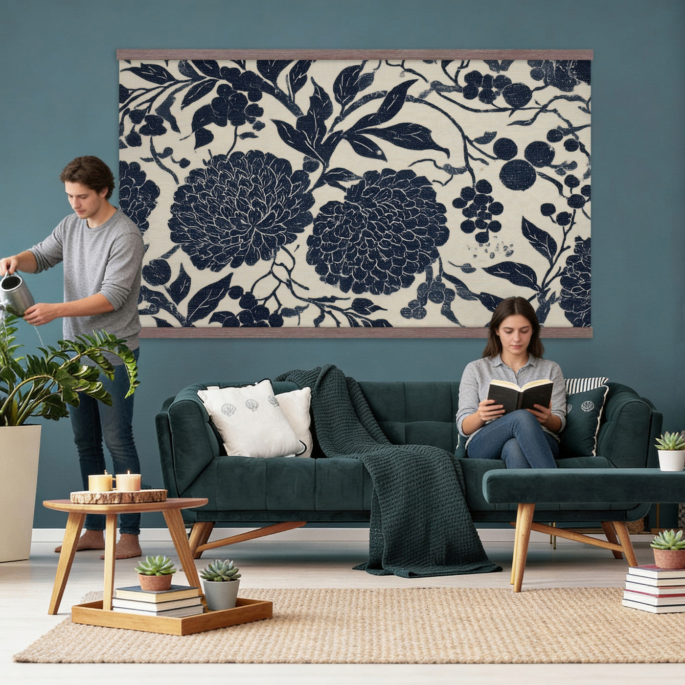 42507419-MGV-TP-30X20 - Chinoiserie ink block print tapestry wall hanging of "Chinoiserie Peony and Chrysanthemum Panel", showing peonies and chrysanthemums layered across a soft grey field, drawn in muted black line in black and soft grey linework on a warm neutral ground. Extra large wall art, made in the USA.