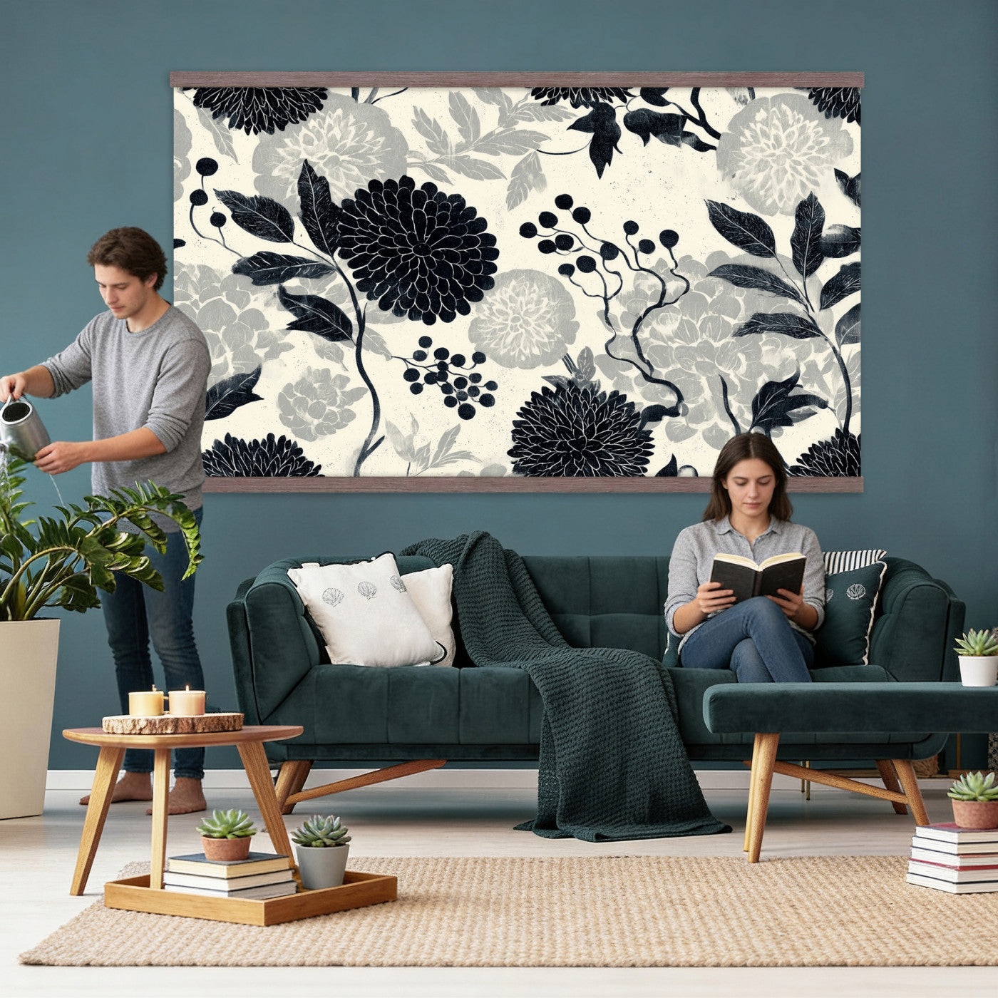 27269625-MGV-TP-30X20 - Chinoiserie ink block print tapestry wall hanging of "Chinoiserie Peony and Chrysanthemum Panel", showing peonies and chrysanthemums layered across a soft grey field, drawn in muted black line in black and soft grey linework on a warm neutral ground. Extra large wall art, made in the USA.