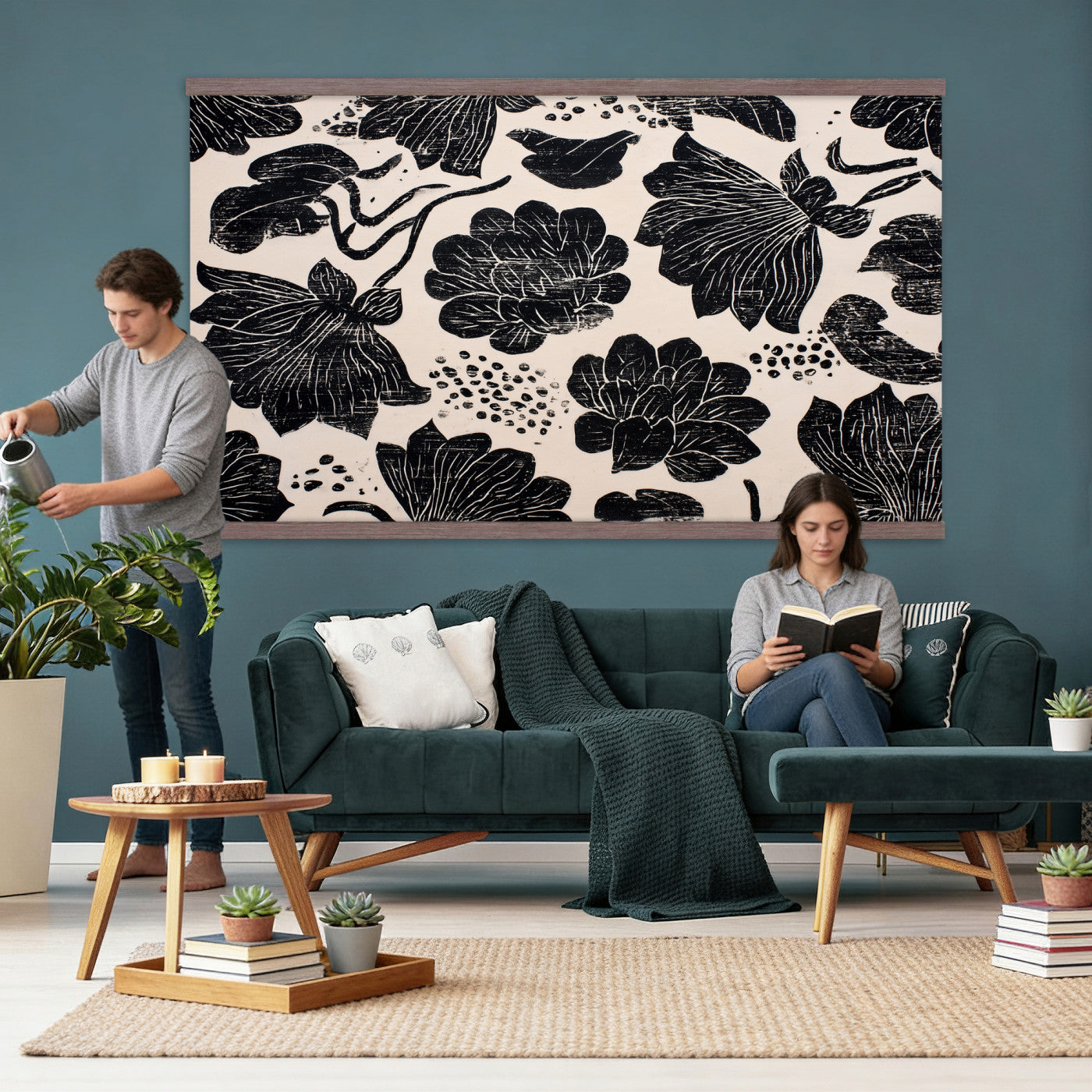 91793867-MGV-TP-30X20 - Chinoiserie ink block print tapestry wall hanging of "Chinoiserie Lotus Panel", showing open lotus flowers and broad water lily pads rising on tall stems, cut in bold black and white in deep black lotus linework on a soft white ground. Extra large wall art, made in the USA.
