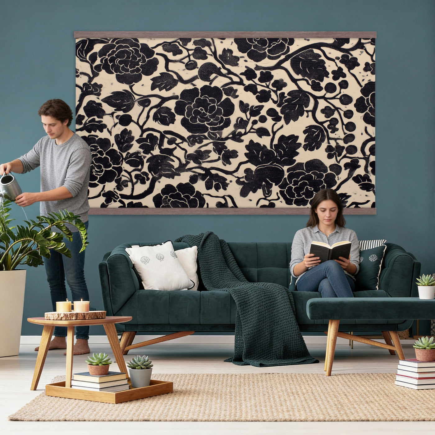 18660803-MGV-TP-30X20 - Chinoiserie ink block print tapestry wall hanging of "Chinoiserie Peony Panel", showing full peony blooms, curling stems and layered leaf work drawn in fine black line on a pale ground in deep black linework on a soft white ground. Extra large wall art, made in the USA.