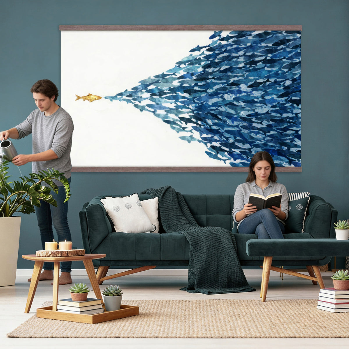 79089639TT-MGV-TP-30X20 - Abstract Blue Fish School Canvas Wall Art, Gold Foil Accent Marine Print