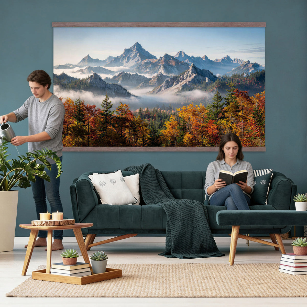 38847944-MGV-TP-30X20 - Majestic Mountain Peak Canvas Wall Art - Panoramic Autumn Forest Fog Landscape Print