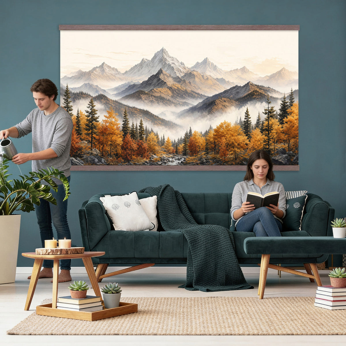 21309099-MGV-TP-30X20 - Extra Large Misty Mountain Autumn Forest Canvas Wall Art - Watercolor Fall Nature Landscape Print
