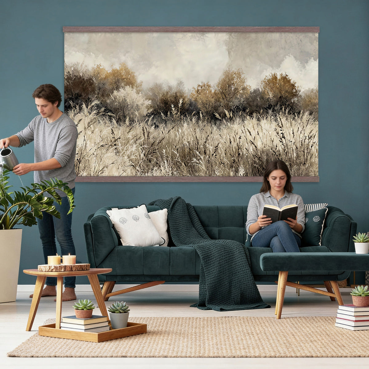 53959945-MGV-TP-30X20 - Muted Neutral Forest Landscape Canvas Wall Art - Vintage Rustic Wildflower Meadow Print