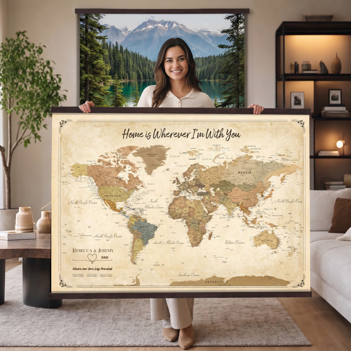 40086165-MGV-TP-30X20 - Framed Vintage Custom Push Pin World Map Canvas Print – Personalized Travel Map Wall Art