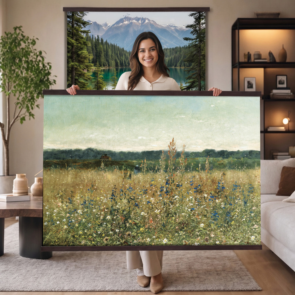 78325586-MGV-TP-30X20 - Realism oil painting tapestry wall hanging of "Champ fleuri" by Antoine Chintreuil, showing a wide flowering field running toward a low horizon, with soft scattered blooms and a pale open sky in soft white and green field tones under a pale luminous sky. Extra large wall art, made in the USA.