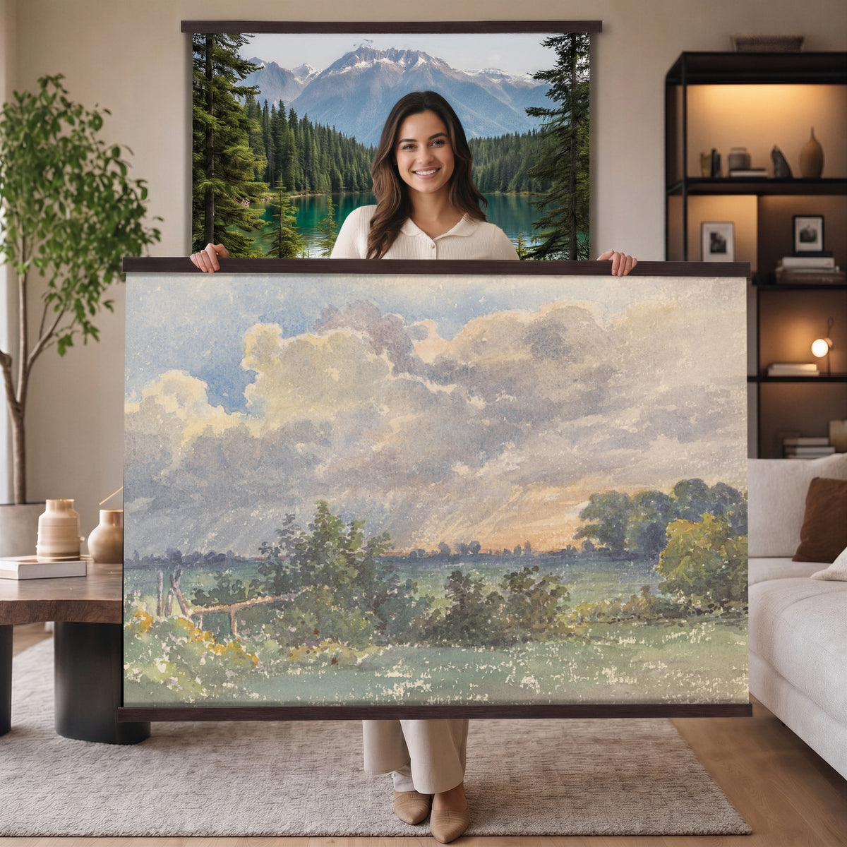 30588477-MGV-TP-30X20 - Realism oil painting tapestry wall hanging of "Landscape with Storm Clouds" by Jean-Baptiste Calame, showing heavy storm clouds gathering over a low country field, with a dark tree line holding the horizon in dark grey storm clouds over muted green fields. Extra large wall art, made in the USA.