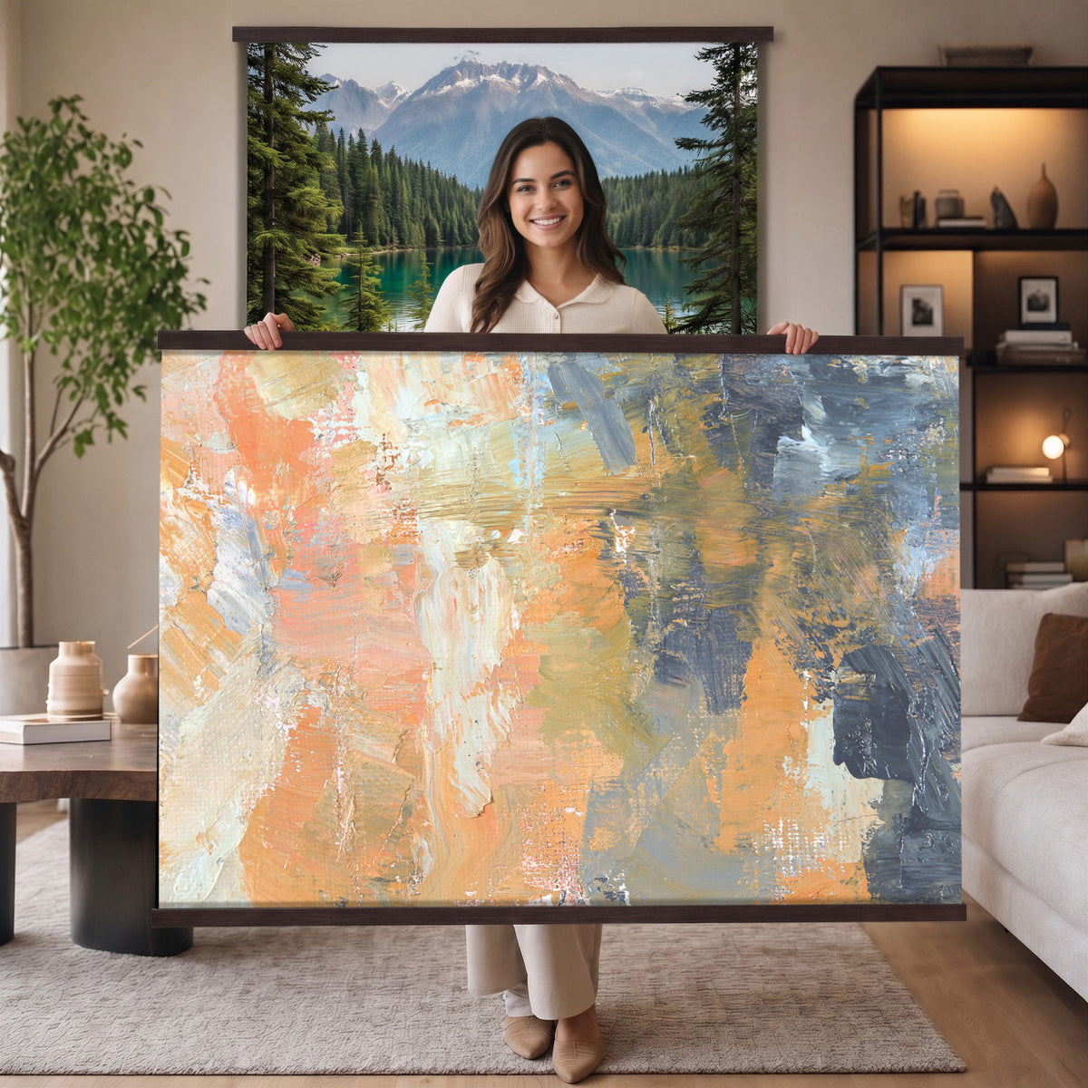 92754702-MGV-TP-30X20 - Cubism abstract oil painting tapestry wall hanging of "Abstract Landscape" by Nicolas de Stael, showing thick blocks of peach, grey, and cream laid side by side into a landscape that reads as pure shape and color in soft peach, warm grey, and cream color blocks. Extra large wall art, made in the USA.
