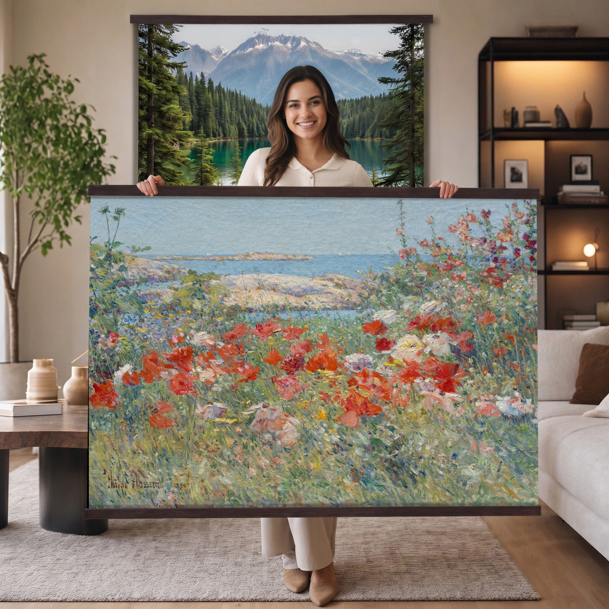 16720314-MGV-TP-30X20 - Impressionism oil painting tapestry wall hanging of "Celia Thaxter's Garden, Isles of Shoals" by Childe Hassam, showing a cliffside garden bursting with red poppies above a bright blue sea and rocky island shore in vivid red poppies against deep blue sea and green garden foliage. Extra large wall art, made in the USA.