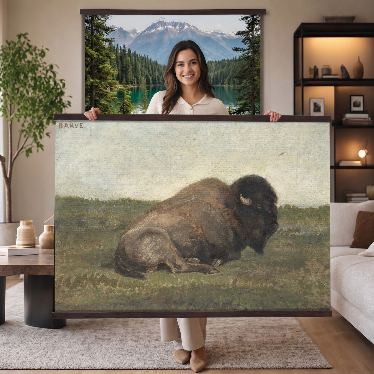 59987270-MGV-TP-30X20 - Realism oil painting tapestry wall hanging of "Bison Lying Down" by Antoine-Louis Barye, showing a heavy bison at rest on open prairie ground, painted with weight and quiet animal presence in deep brown bison coat against muted prairie grass and a low sky. Extra large wall art, made in the USA.