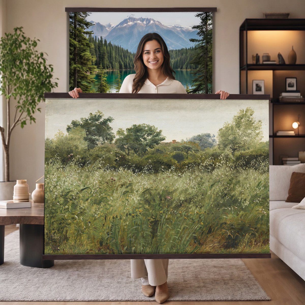 65790269-MGV-TP-30X20 - Realism oil painting tapestry wall hanging of "Field of Oats near Vejby" by Dankvart Dreyer, showing a ripe oat field bending in the breeze, with low farm buildings and a wide soft Danish sky beyond in warm golden oat tones with soft green edges under a pale wide sky. Extra large wall art, made in the USA.