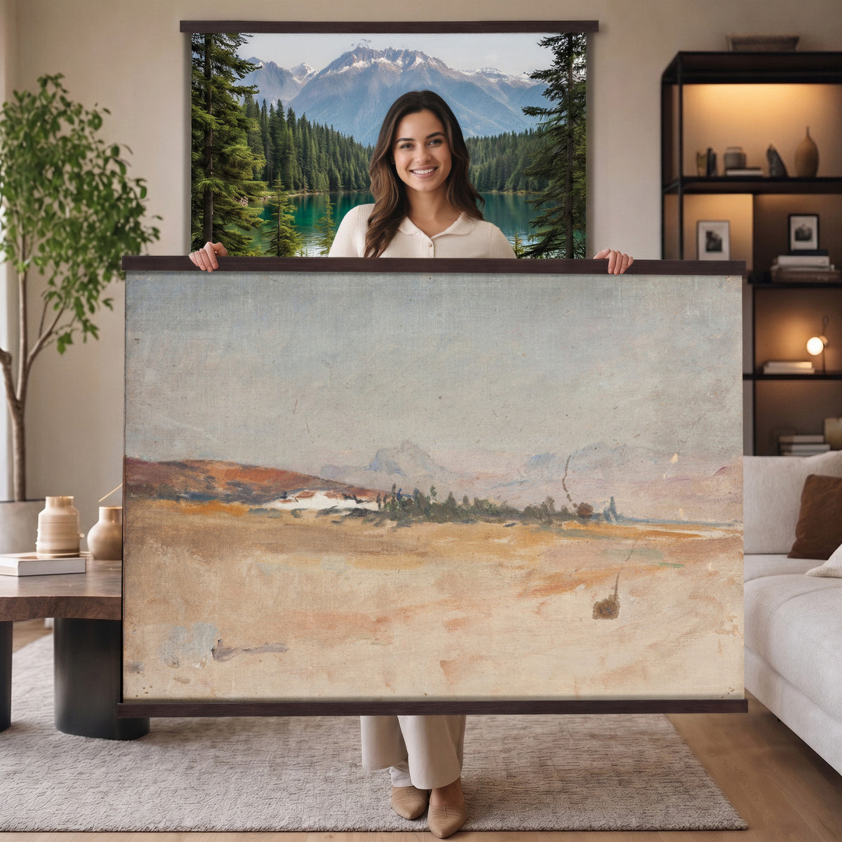54607912-MGV-TP-30X20 - Impressionism oil painting tapestry wall hanging of "Antequera" by Jan Ciaglinski, showing the dry Andalusian hills above Antequera in warm ochre and rose light, with pale rock ridges rolling into the distance in warm ochre, rose, and sand hill tones under a bright hazy sky. Extra large wall art, made in the USA.