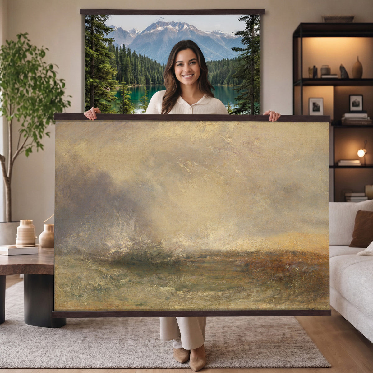 60751788-MGV-TP-30X20 - Tonalism oil painting tapestry wall hanging of "Snow Field" by Charles Henry Eaton, showing an untouched snow field at first light, with a dark tree line at the edge and long blue shadows across the drifts in bright white snow with cool blue shadows and a dark winter tree line. Extra large wall art, made in the USA.
