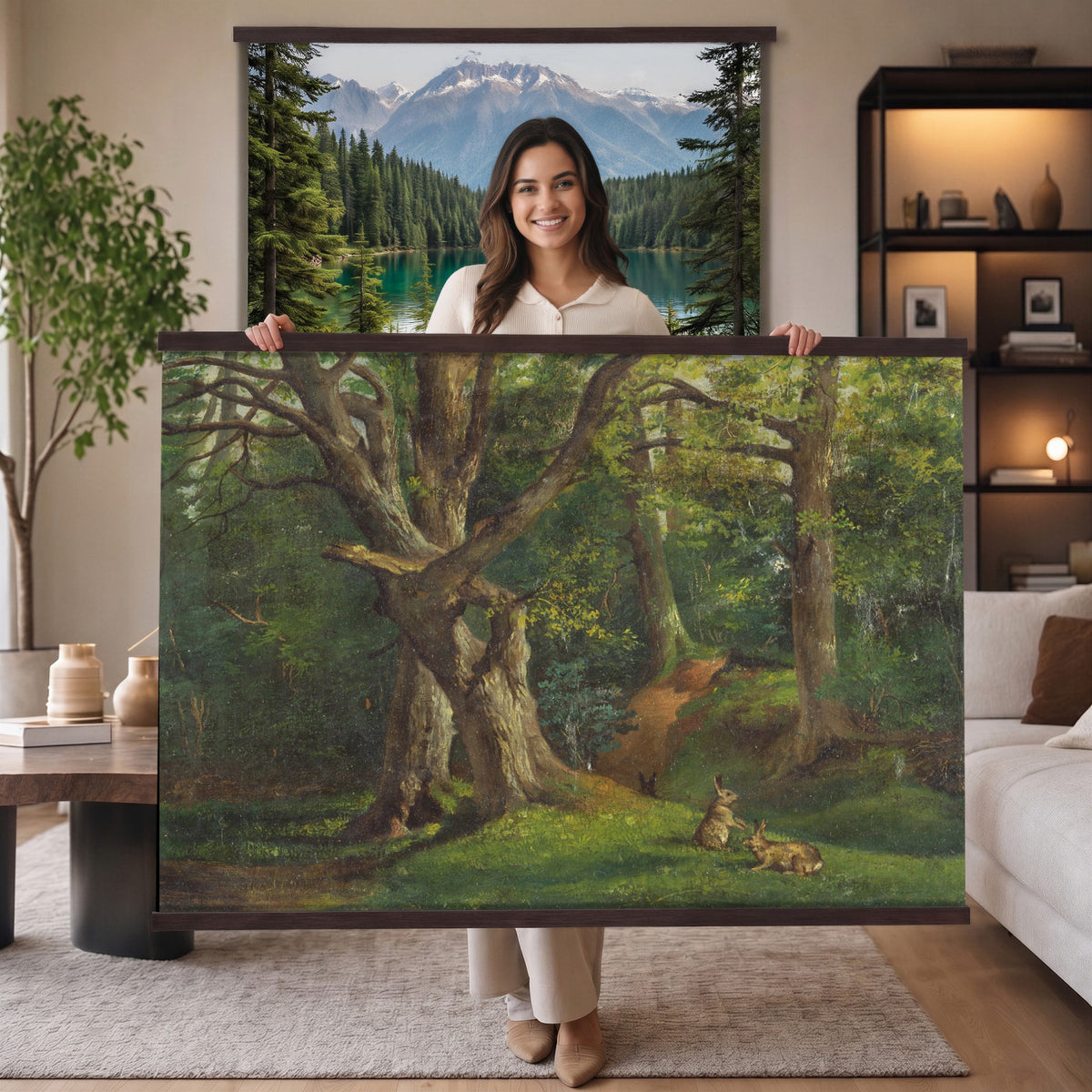 86376524-MGV-TP-30X20 - Barbizon oil painting tapestry wall hanging of "By the Brook" by Xavier De Cock, showing a shaded brook winding through dense woodland, with a small hidden figure resting among the trees in dark layered forest greens with warm brown earth and pale water light. Extra large wall art, made in the USA.
