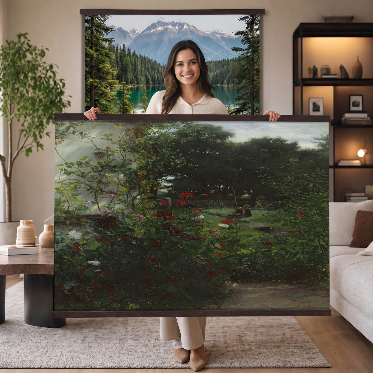 99581515-MGV-TP-30X20 - Barbizon oil painting tapestry wall hanging of "By the Brook" by Xavier De Cock, showing a shaded brook winding through dense woodland, with a small hidden figure resting among the trees in dark layered forest greens with warm brown earth and pale water light. Extra large wall art, made in the USA.