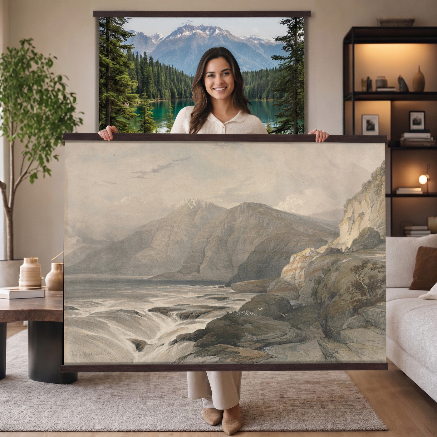 36494221-MGV-TP-30X20 - Realism oil painting tapestry wall hanging of "Stormy Sea" by Alfred Jensen, showing heavy breaking waves rolling under a dark storm sky, with white foam catching the last light on the water in deep grey-green waves with white foam under a heavy storm sky. Extra large wall art, made in the USA.