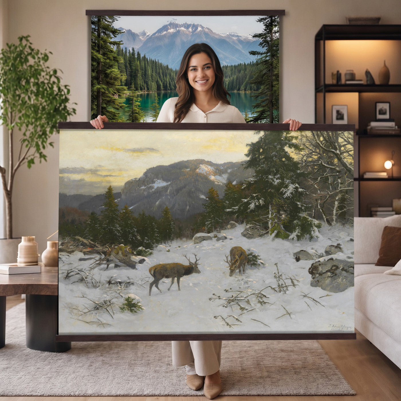 88363585-MGV-TP-30X20 - Realism oil painting tapestry wall hanging of "Rotwild" by Franz Xaver von Pausinger, showing a herd of red deer resting in a quiet clearing, tall grasses, and dark forest edges fading into soft light in warm russet deer coats against deep forest green and golden grass. Extra large wall art, made in the USA.