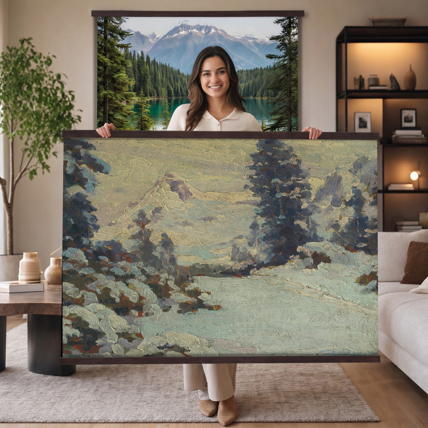 66869729-MGV-TP-30X20 - Realism oil painting tapestry wall hanging of "An Evening in March" by Charlotte Wahlstrom, showing bare late-winter trees along a still river, patches of melting snow, and a low golden evening light on the horizon in cool blue snow shadows against a warm amber sunset sky. Extra large wall art, made in the USA.